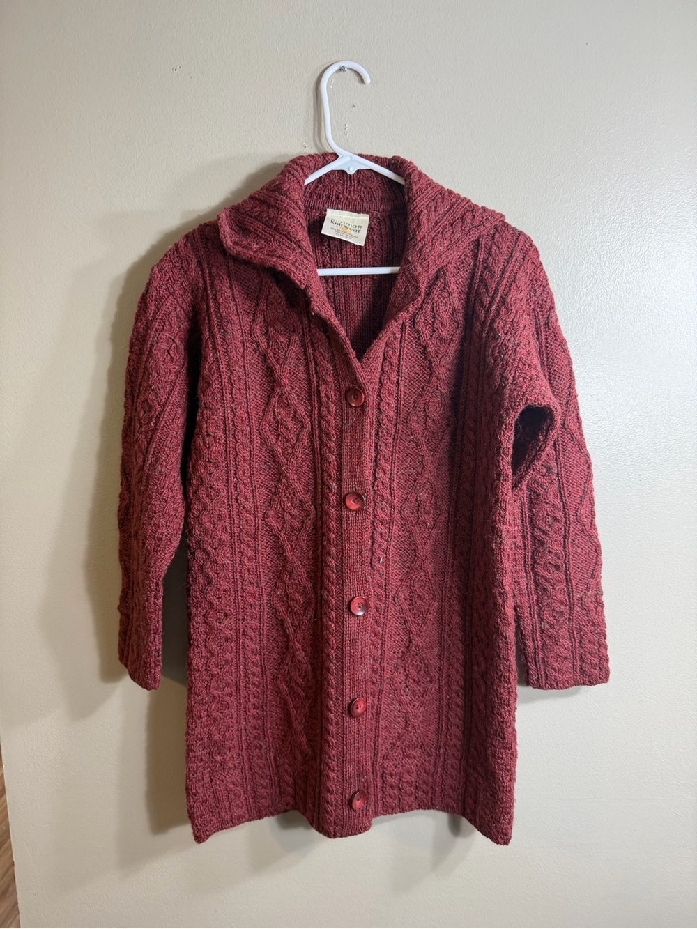 Kilronan Irish Aran Cable Knit Wool Cardigan Sweater Coat S